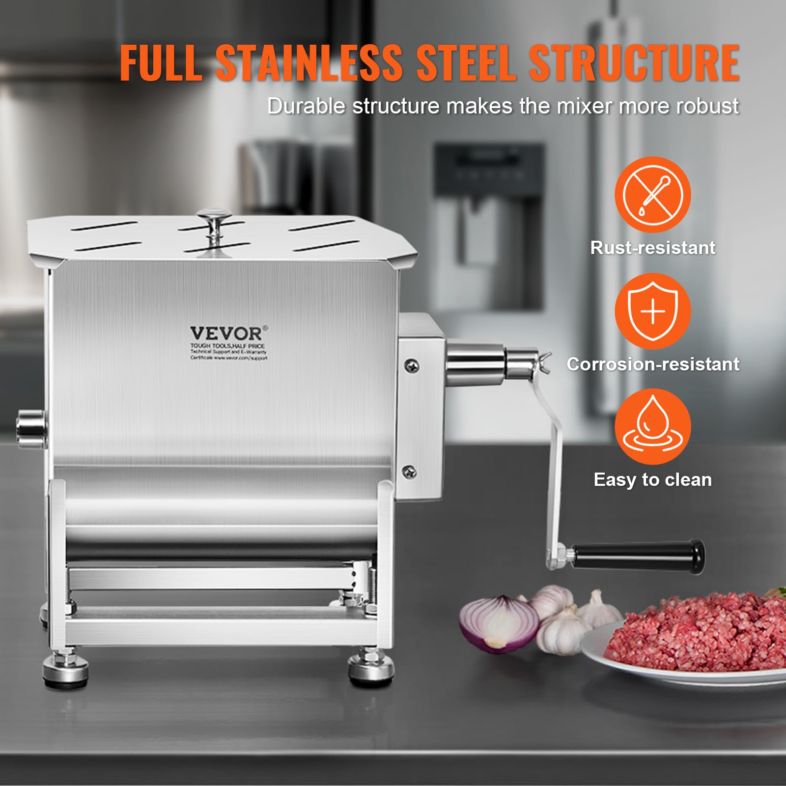 VEVOR Mezcladora de Carne Manual Tanque de 40 L, Equipo de Procesamiento de Carne, Capacidad Máxima de Mezcla de 27,2 kg, Mezcladora de Salchichas de Acero Inoxidable con Tapa, Caja de Engranajes