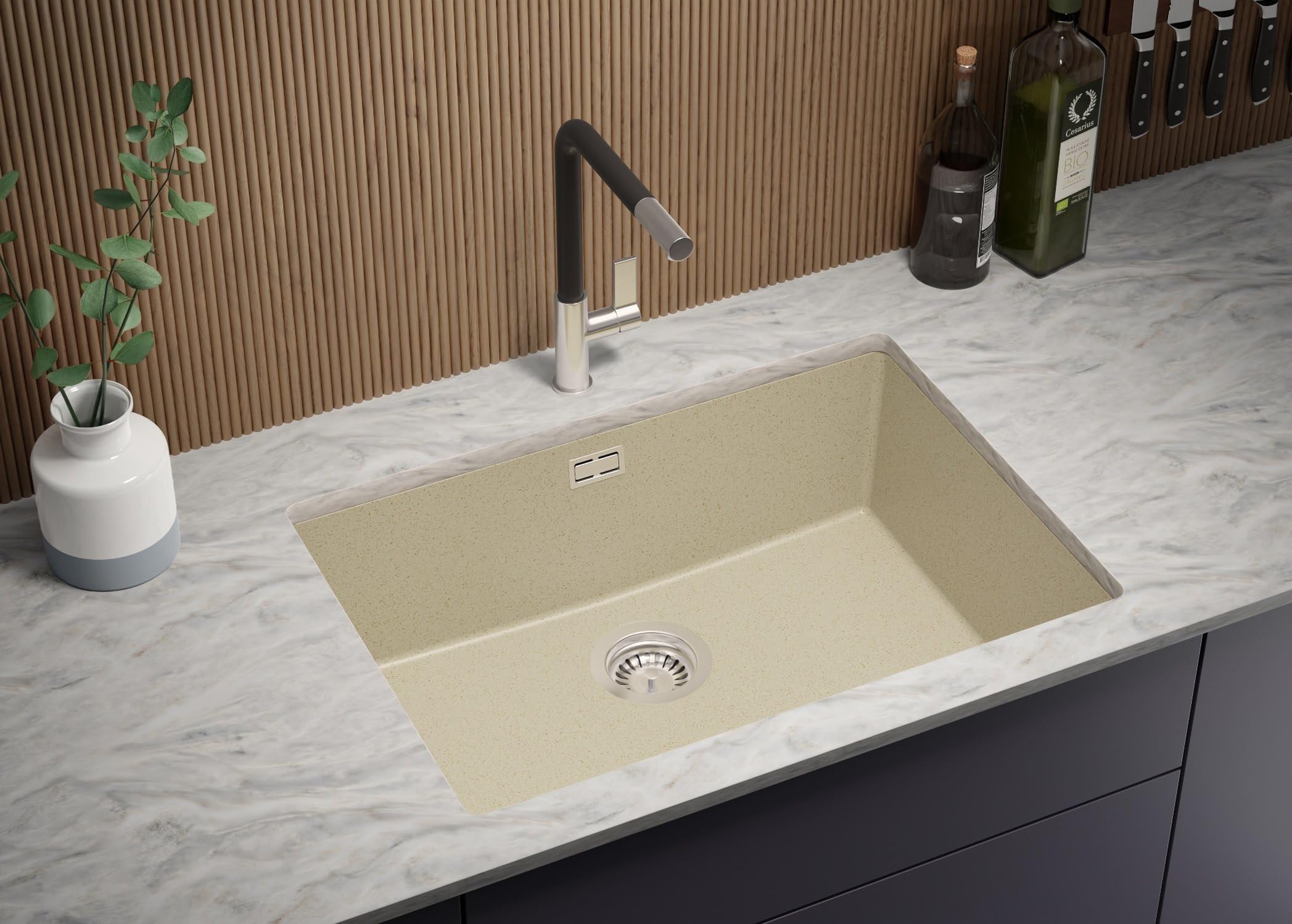 PRIMAGRAN Fregadero bajo Encimera Beige 66x47cm 1 Seno Granito London S426