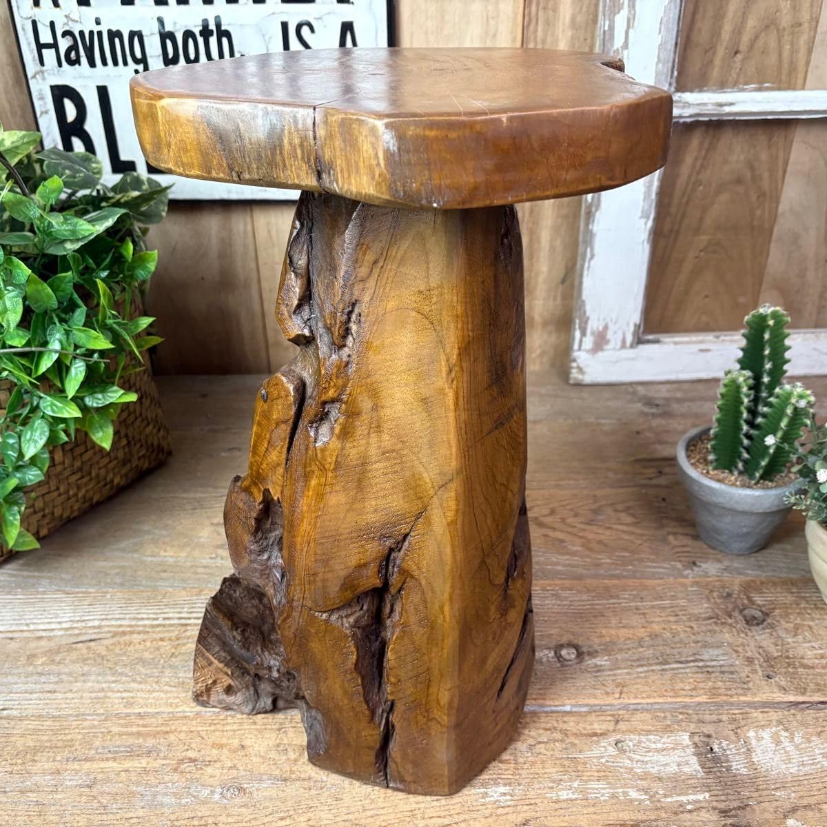 Amazon｜オールドチーク 天然 無垢材 極太 丸太 花台 木製 飾り台