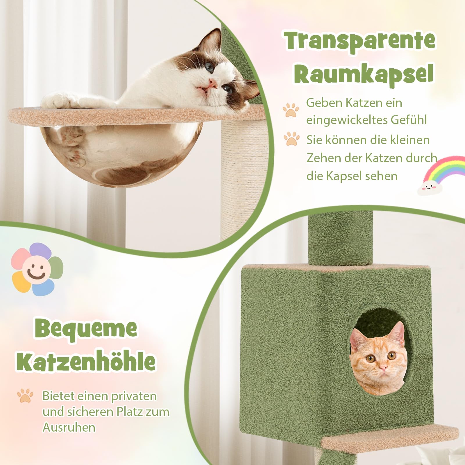 COSTWAY Drapak do Sufitu, Wysokość 218-253 cm, 5-Piętrowe Drzewko dla Kota z Legowiskiem, Kapsuła Kosmiczna, Drabinka do Drapania, Wysokie Drapaki, Meble