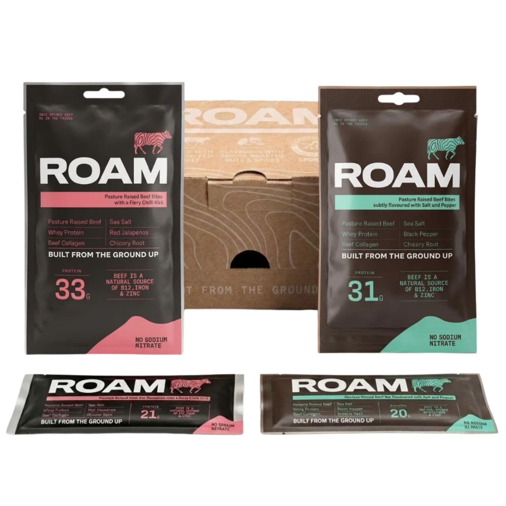 ROAM Beef Jerky Taster Pack, High Protein Snacks, 4er Probierpackung (2 x Beef Jerky Bars 45g, 2 x Beef Bites 70g) | Weiderindfleisch, wenig Zucker, ohne künstliche Aromen oder Konservierungsstoffe