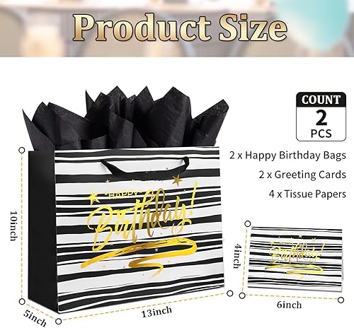Miniatura 2 de GoClimber Paquete de 2 bolsas de feliz cumpleaños, bolsa de regalo de cumpleaños grande de 13 pulgadas con papel de seda, bolsa de tarjetas y asas