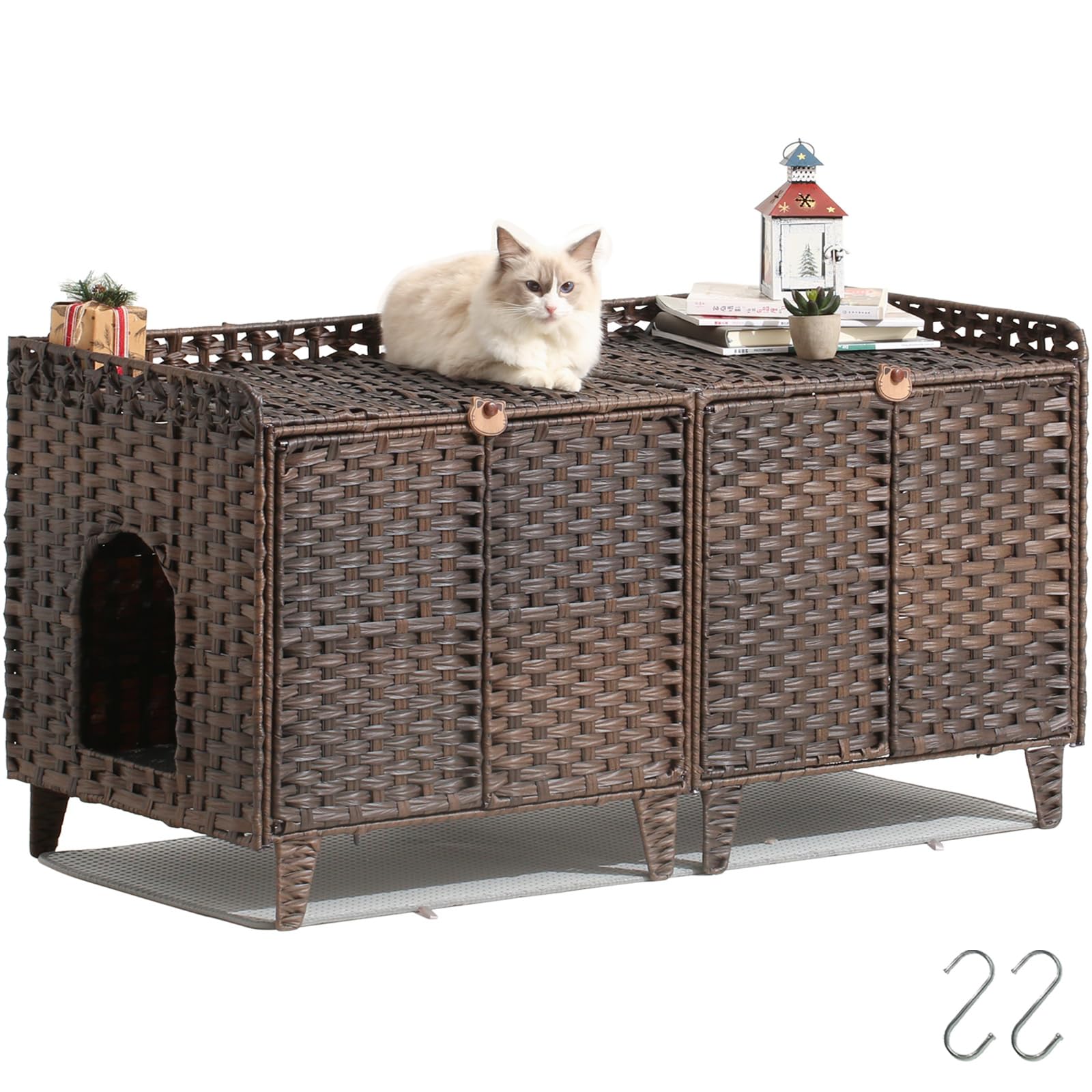 SETVSON Cat Litter Box Enclosure for 2 Cats, Double Litter Box Furniture with Litter Mat, Large Rattan Hidden Kitty Cat House with Double Room and