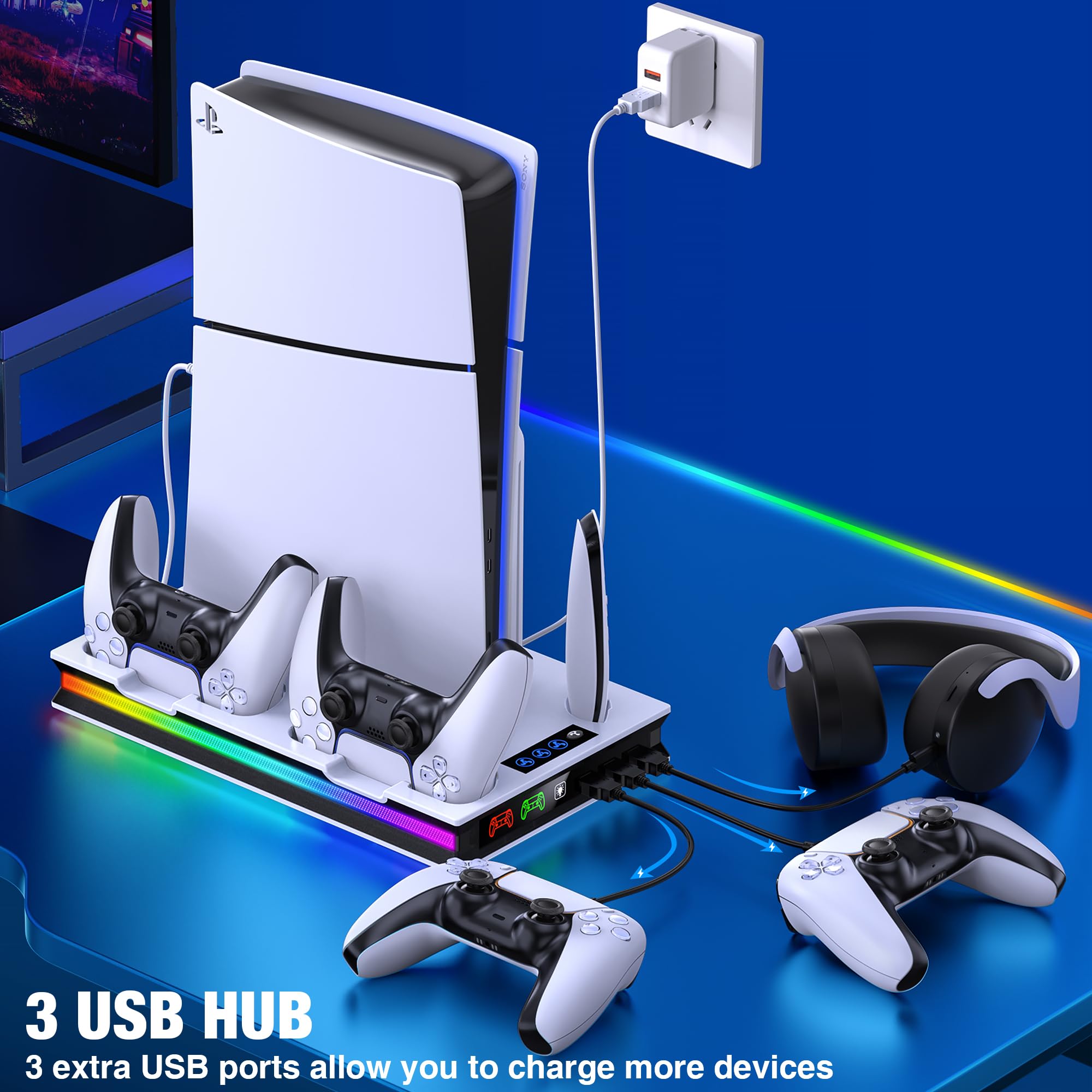 GAMSINGY PS5 Ständer mit Lüfter, Standfuß für Disc/Digital Edition, Headset Halterung/ Controller Ladestation/ Fernbedienung Solt/3 USB Hub, Zubehör für Playstation 5 Konsole