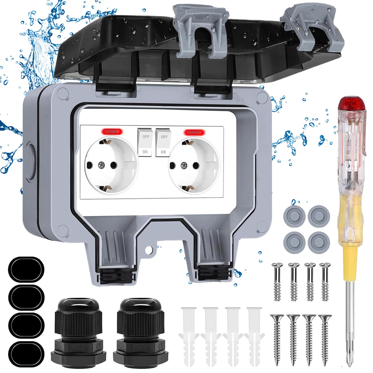 Enchufe Estanco Exterior Impermeable, Toma de Corriente IP66, Doble Pared Enchufes con Interruptor, Conector de Cable y Tapa Abatible, para Cocina Baño Garaje Piscina y Jardín