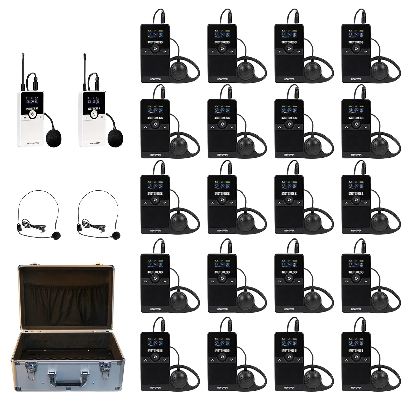Retekess TT116 Tour Guide System, Tour Guide Headsets, Noise Reduction, 200m/656ft, Wireless Transmitter and Receiver with 30-Slot Charging Case for School(2 Transmitter 20 Receivers)