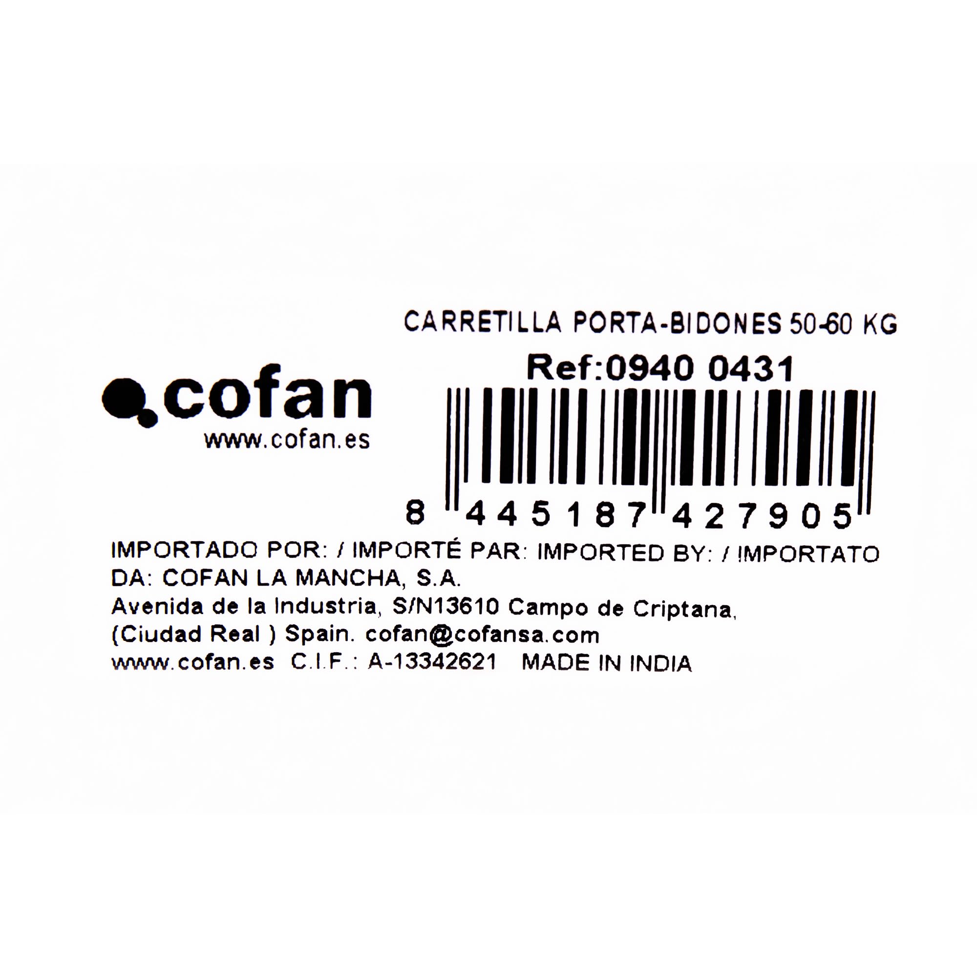Cofan Carretilla portabidones de 60 litros | Ruedas delanteras de Ø150 mm y traseras de Ø75 mm | Mango ergonómico | Estructura de acero reforzado | Transporte de bidones en talleres y entornos industr
