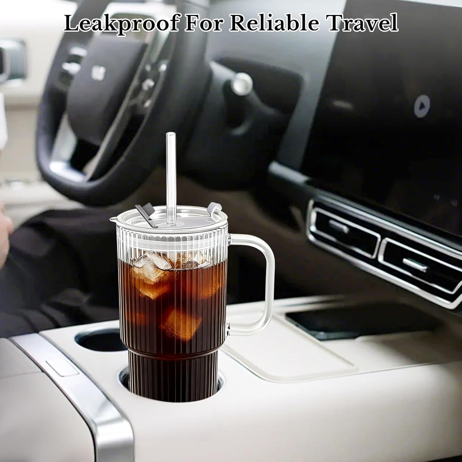 18oz Glass Tumbler with Handle, Glass Lid & Straw, 2-Piece Set, Thickened Glass Cups for Iced Coffee, Smoothies, Cocktails, Home Office Travel (Ribbed) - Image 6