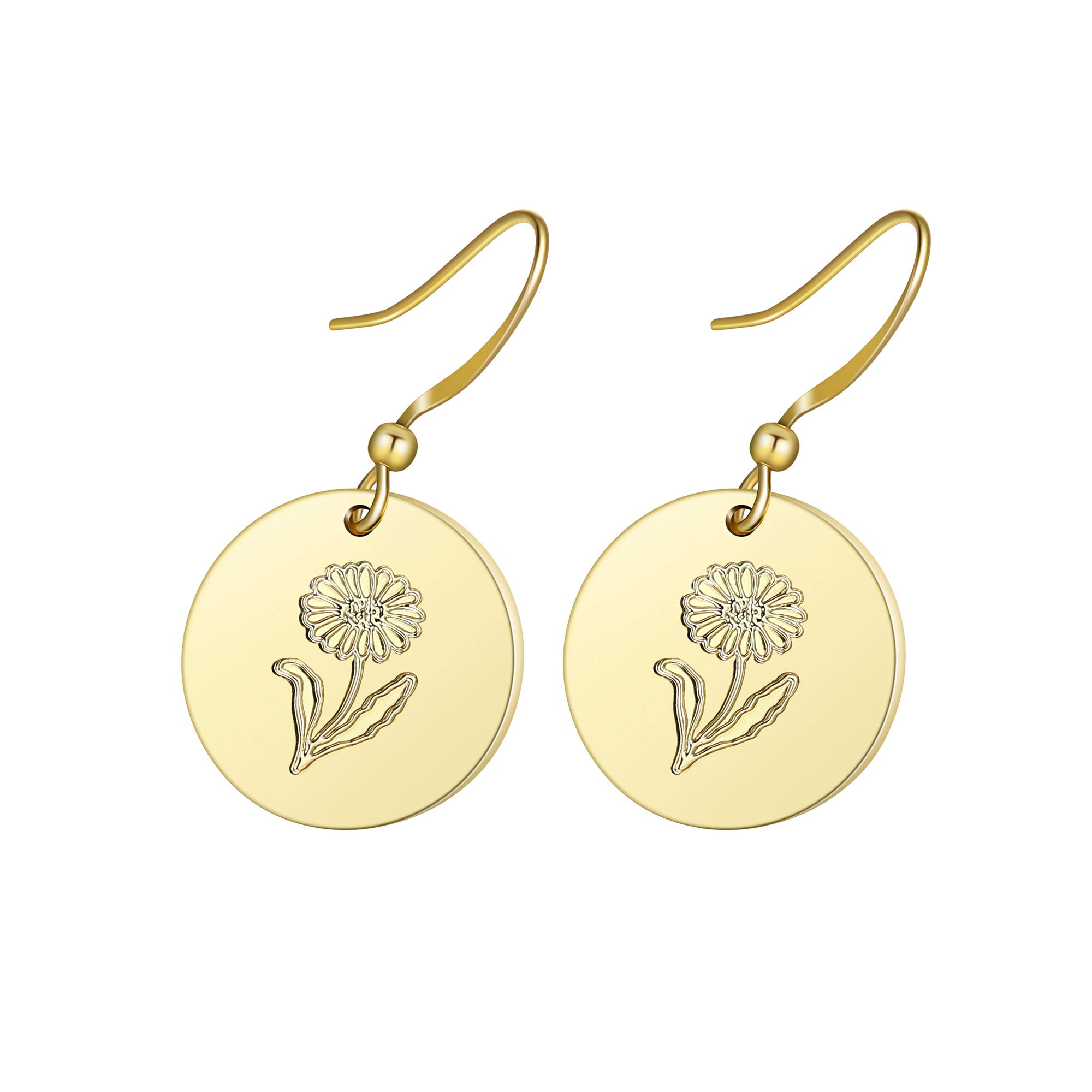JeweloverBirth Flower Pendant Earring 18K Plated Minimalist Dainty Dangle Earrings Personalized Coin Drop Statement Birth Floral Earrings Birthday Gift Jewelry (E:May.-Lily of the Vally) 1