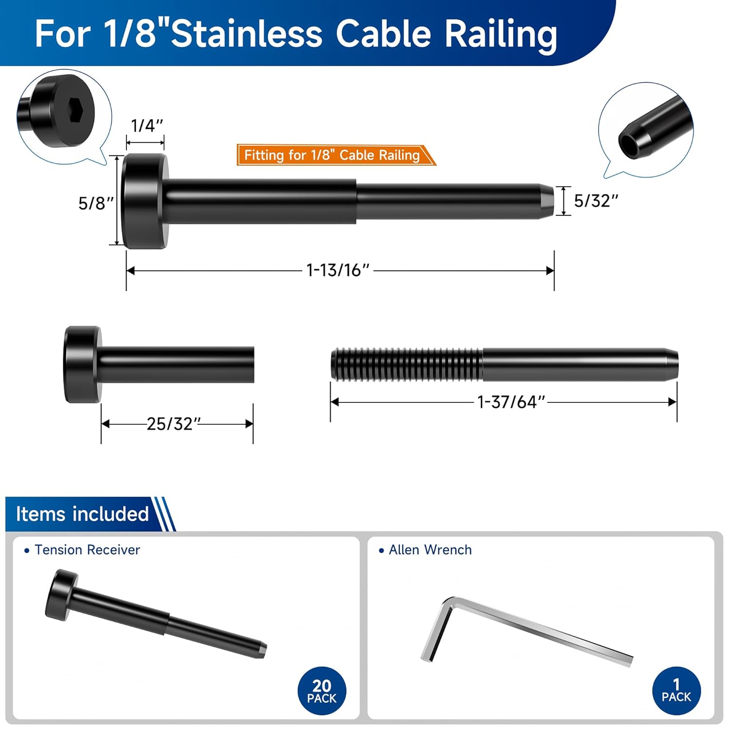 20pack Invisible Cable Railing Kit T316 Stainless Steel 1/8" Invisible Receiver and Swage Stud End for Cable Railing, Swage Tensioner 1/8in for 2"x2" Level/Stair Post (Black)