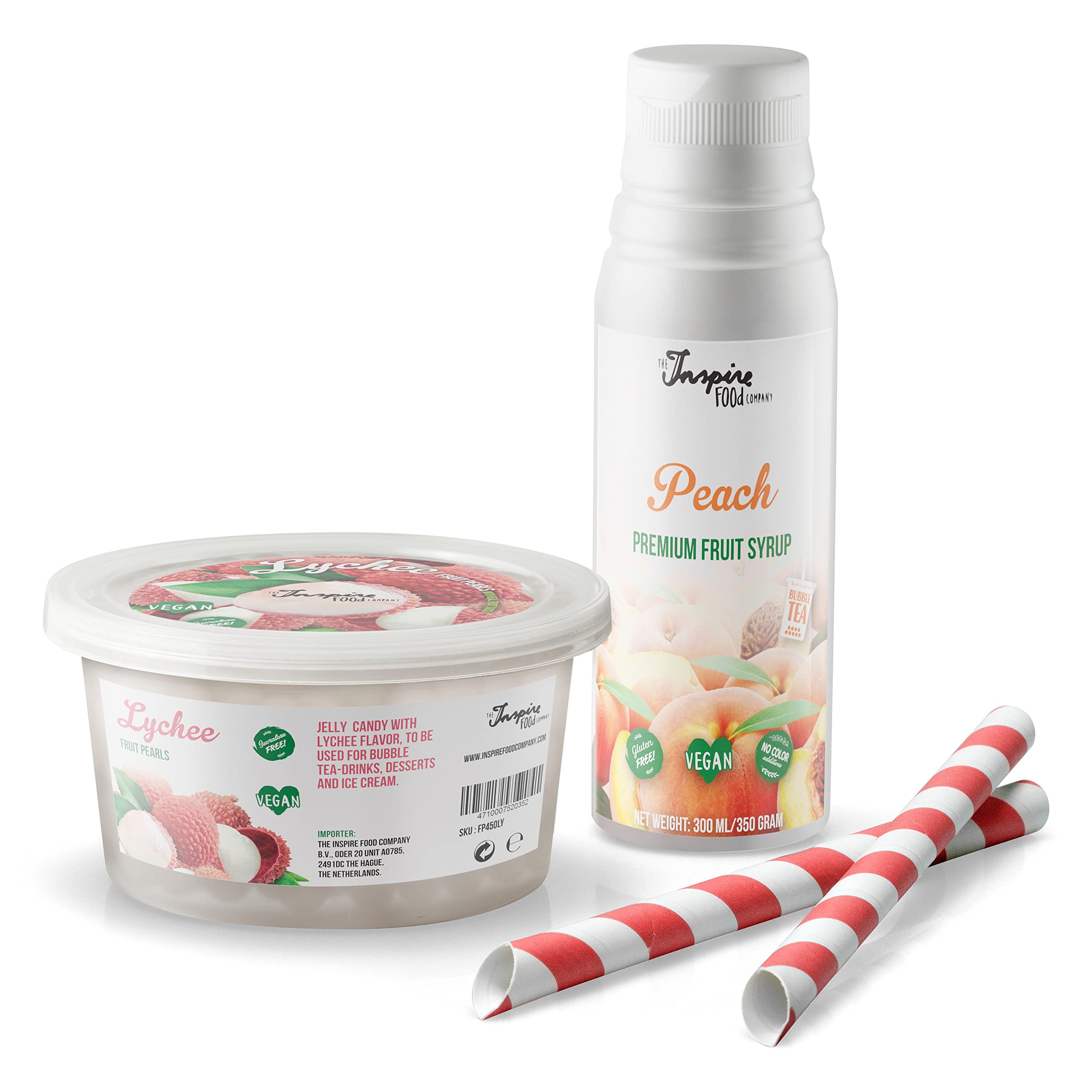 INSPIRE FOOD Bubble Tea Pearls Set 450g Strawberry Popping Boba Green Apple Syrup 300ml