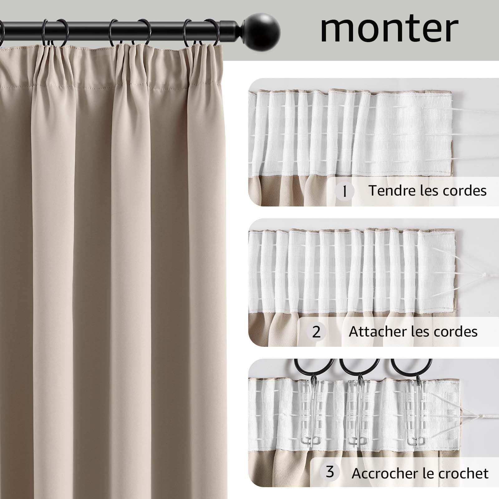 TOPICK Rideau Occultant 2Pcs avec Galon Fronceur 140x220,Beige | Isolation Lumineux,Tenture Opaque Moderne Décoration, pour Chambre Maison Salon Porte Bureau Intérieurs
