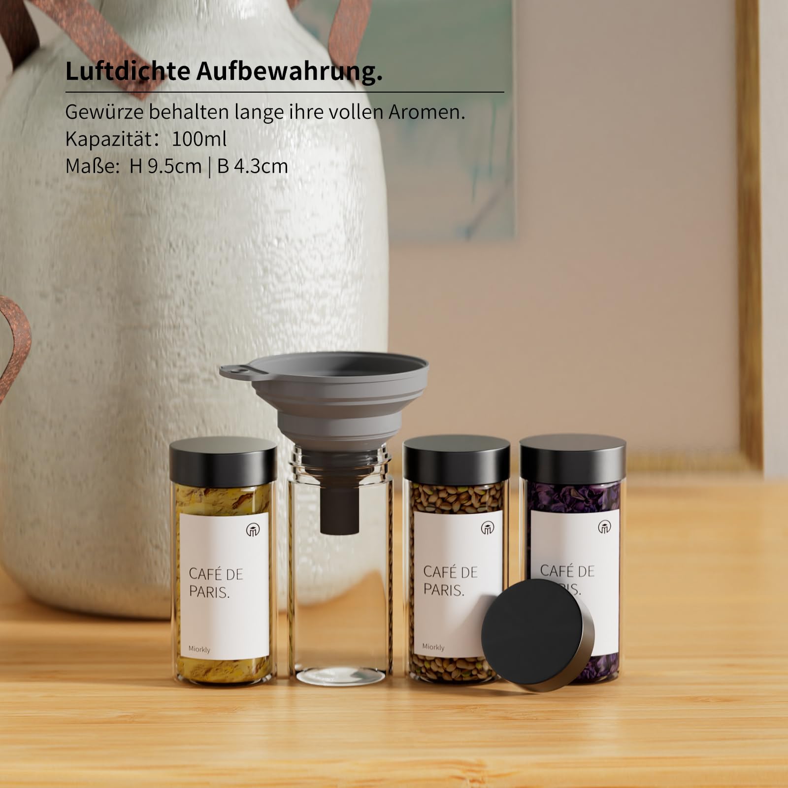 Miorkly Lot de 24 pots à épices carrés avec saupoudreur, couvercle en acier inoxydable noir, 120 ml, pots à épices en verre avec saupoudrer, entonnoir, étiquettes et stylo à craie, organisateur de