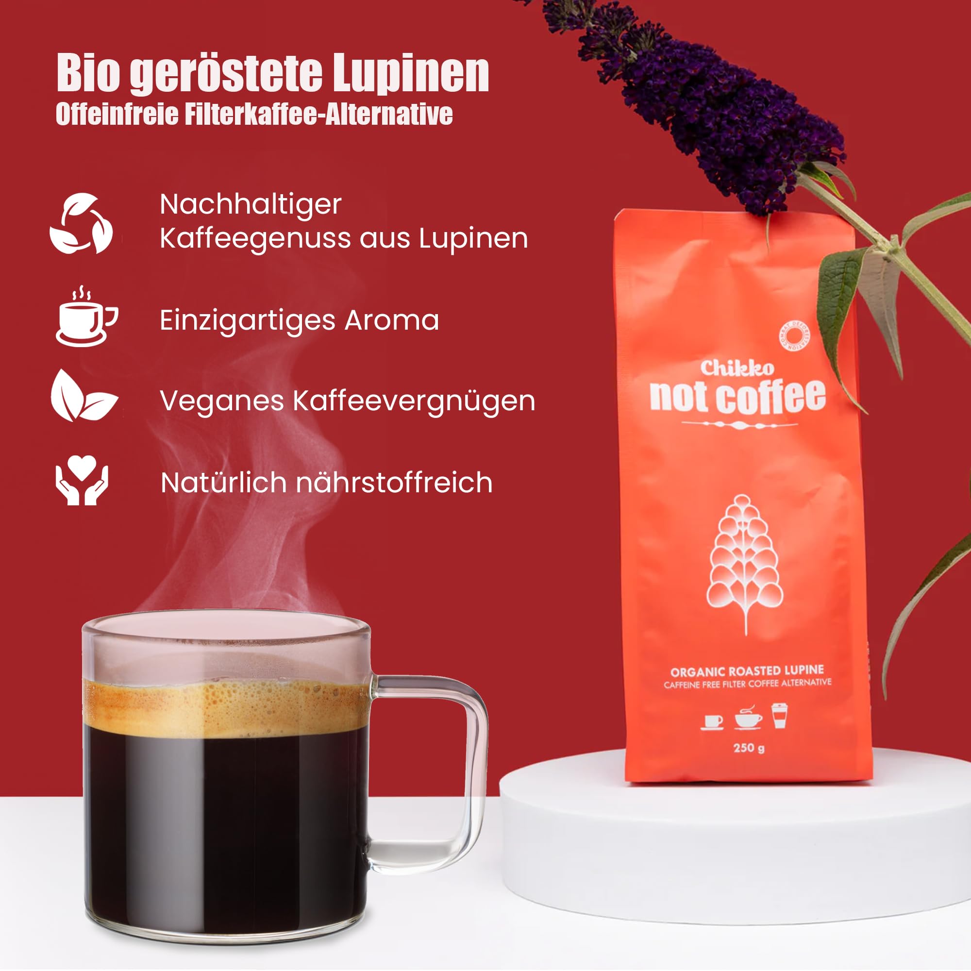 Chikko Not Coffee Lupinenkaffee - 1 x 250g - Bio Geröstete Lupine koffeinfreie Kaffeealternative - Gluten, Nuss und Sojafrei - Frei von Zusatzstoffen und Chemikalien - 100% europäisches Produkt