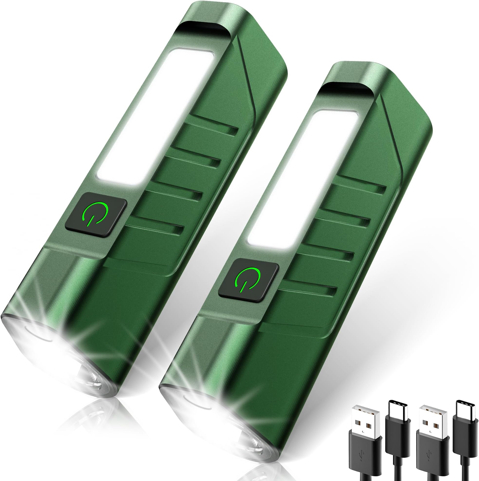 Rechargeable EDC Flashlight with Red Beam and White LED Combo, 900 Lumens Portable Pocket Lights, USB-C Charging, IPX4, Triple Sources for Outdoors Emergency Working (Green, 2Pcs)