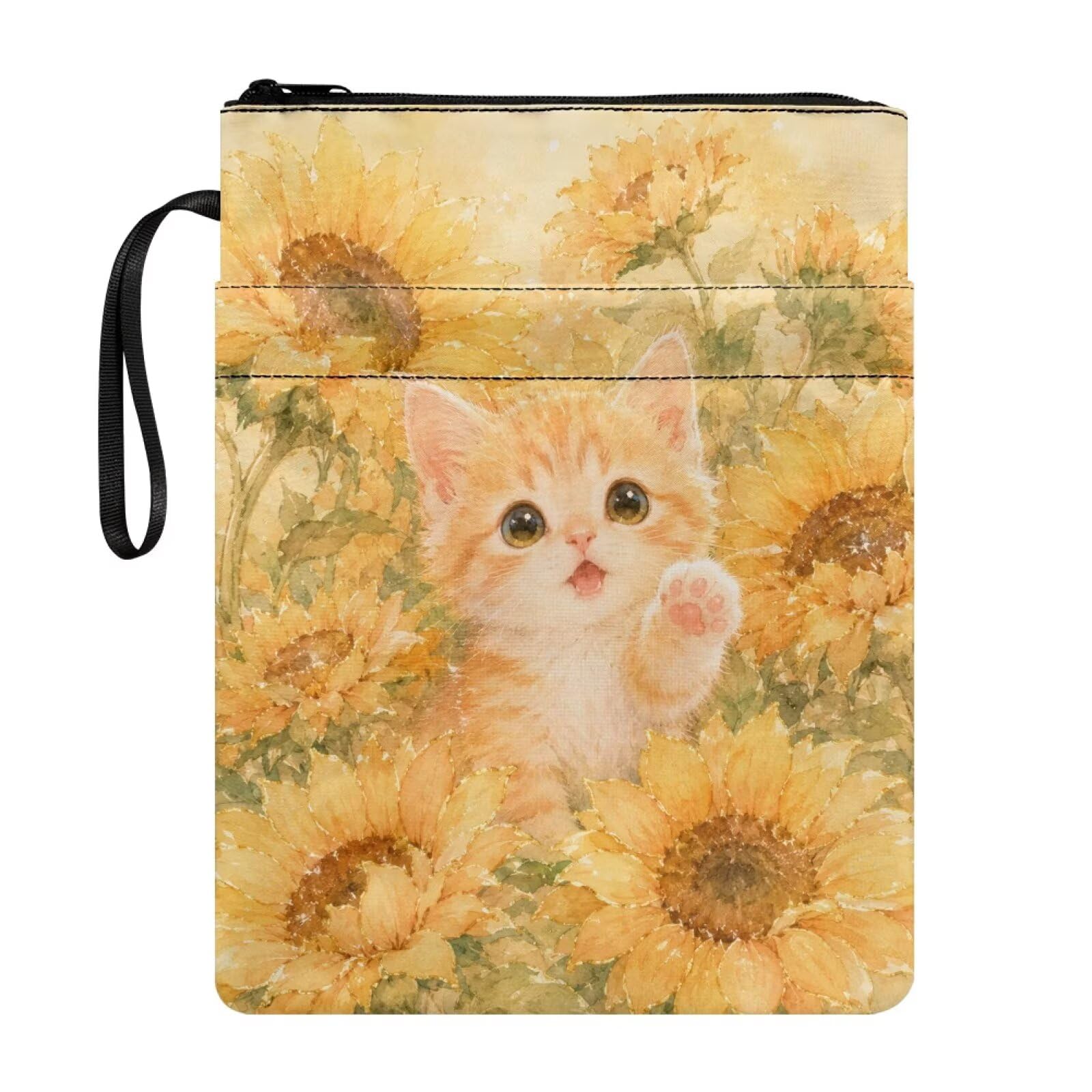 Poceacles Book Sleeve for Hardcover Paperback, Zippered Book Pouch Storage Bag for Adults Teens Girls Boys, 11 x 8.5 Inch, Sunflower Cat Yellow