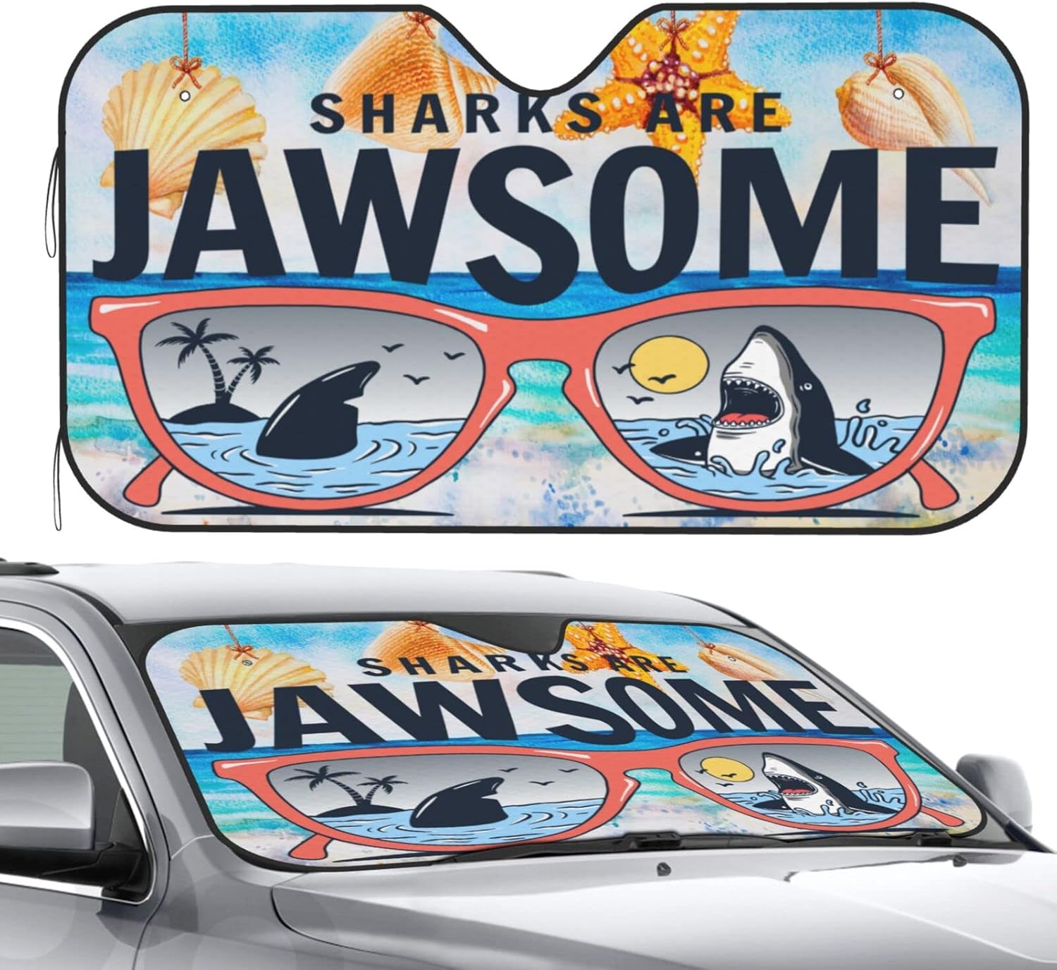 Front Window Car Sun Shade Windshield- Sea Beach Novelty Shark Foldable Cute Funny Sunshade for Car Truck SUV-Blocks Uv Rays Visor Shield Cover Keep Your Vehicle Cool Small