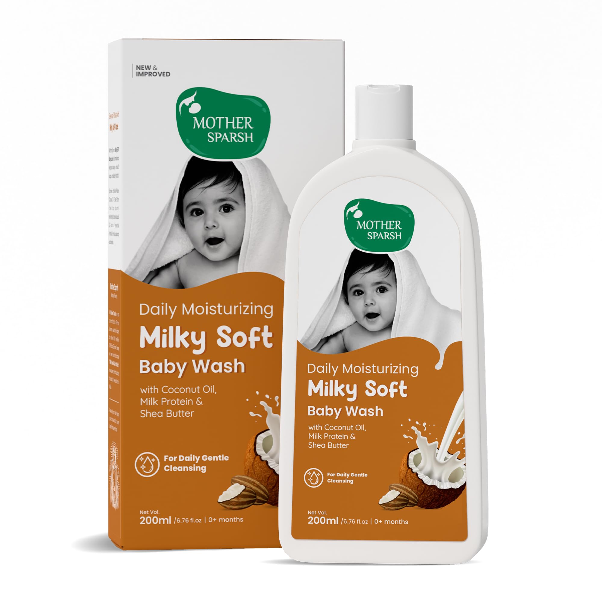 Mother Sparsh Milky Soft Baby Wash - 200ml | with Milk Protein & Coconut Oil | Tear Free Natural Formula for Babies with No Added Sulphates