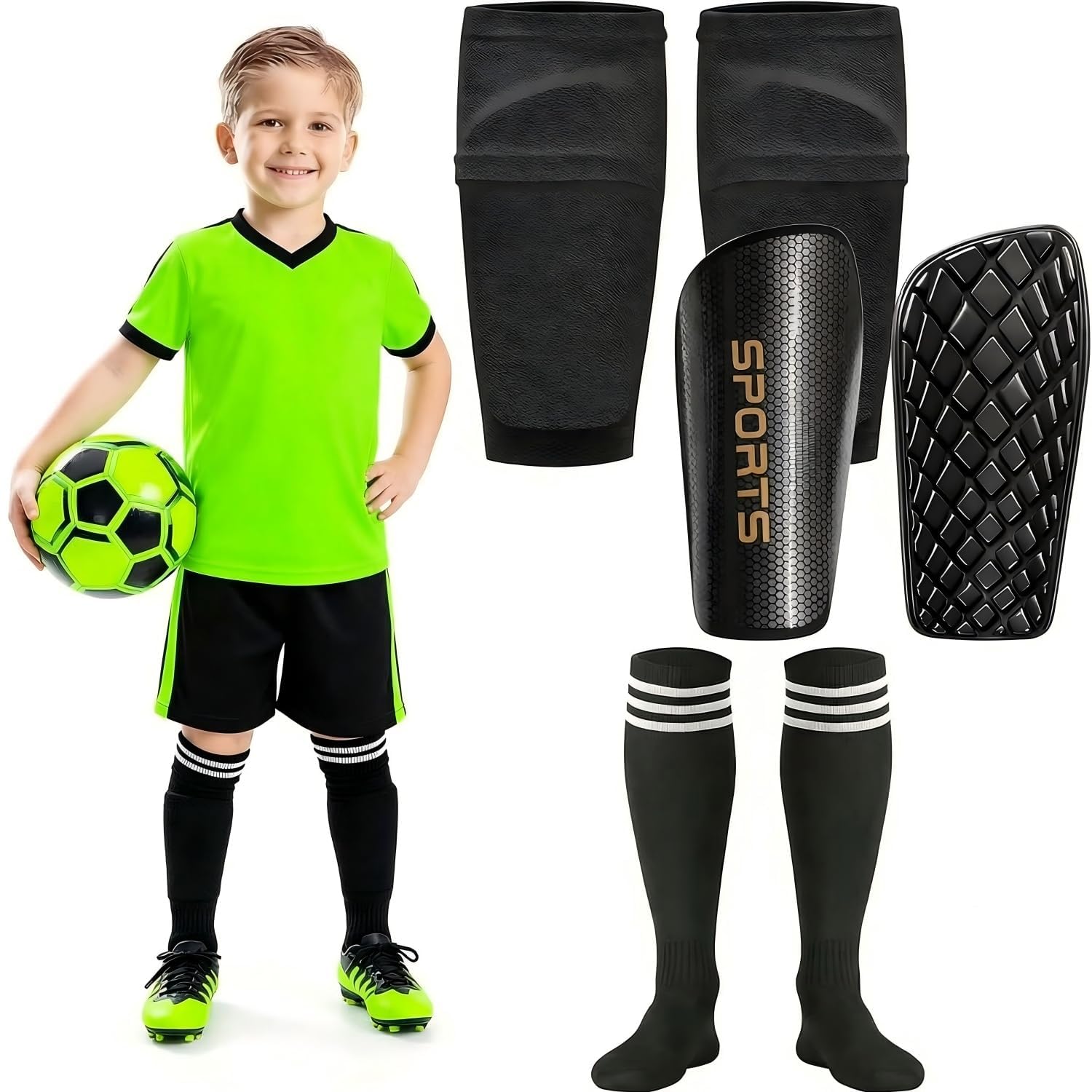 Soccer Shin Guards for 3-16 Years Old Children Boys Girls, Kids Toddler Youth Shin Pads, Mini Protective Soccer Shin Pads with Sleeves and Long Soccer Socks (Black, M (for kids, 5-8 years))