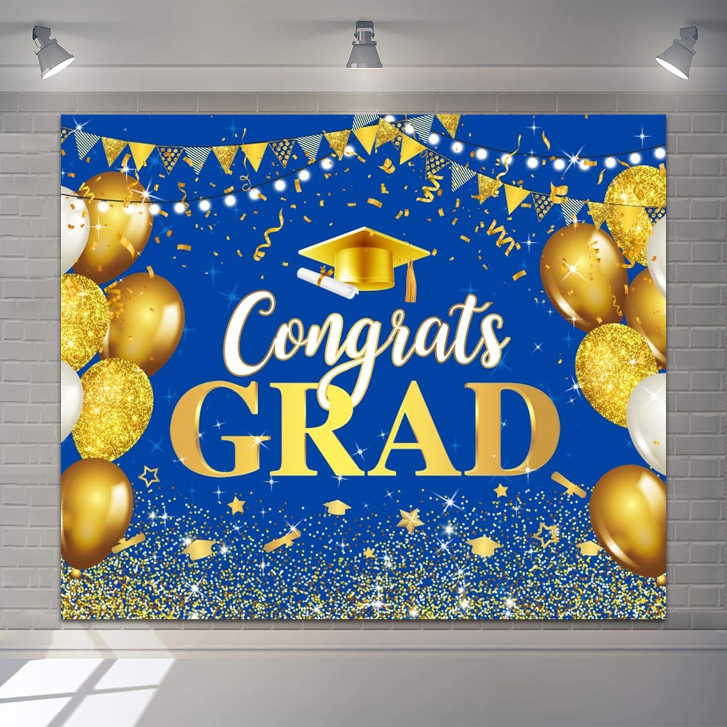 Graduation Congrats Grad Photography Backdrops 10x8ft Vinyl Blue Gold Glitter Photoshoot Backdrop Class of 2026 Graduation Prom Background Party