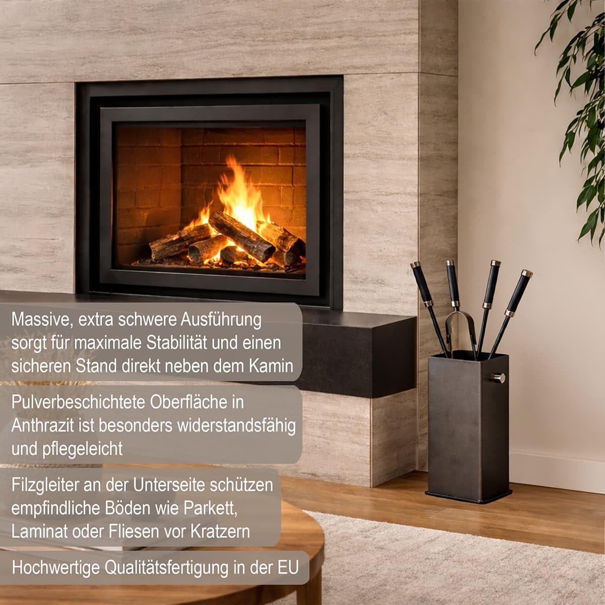 MS Beschläge Kamingarnitur Anthrazit 5-tlg. massiv Stahl – Kaminbesteck modern eckig mit geschlossenem Behälter - Kamin-Set Ofenbesteck-Set massiv & robust - Ofengarnitur Chrom-glänzende Akzente
