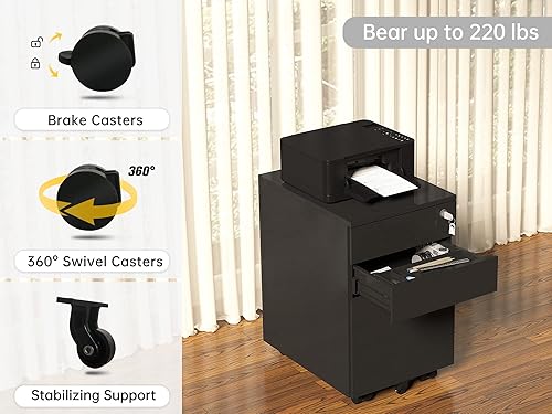 Miniatura 17 de Archivador móvil de 2 cajones con cerradura, archivadores de oficina para debajo del escritorio, archivador pequeño totalmente montado excepto Negro