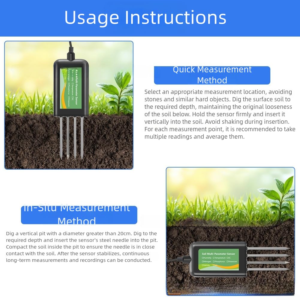 Probador de suelo USB con detección multiparámetro 8 en 1 para NPK pH humedad temperatura salinidad conductividad, sonda de acero inoxidable impermeable IP68
