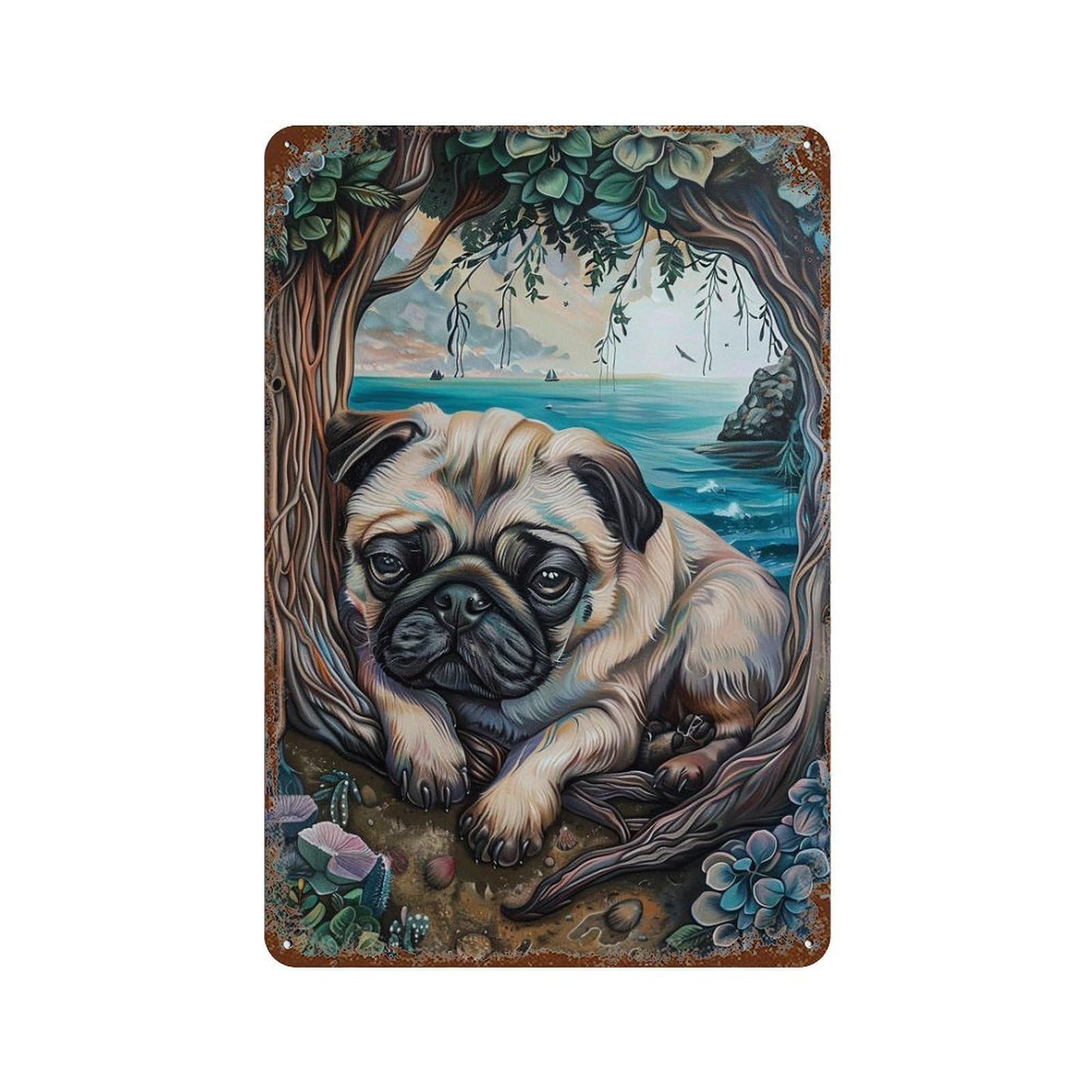 Rusty Metal Tin Sign with Magical Pug Paradise Design 11.8"x7.9", for Farmhouse, Kitchen And Entryway Decor, Classic Wall Plaque