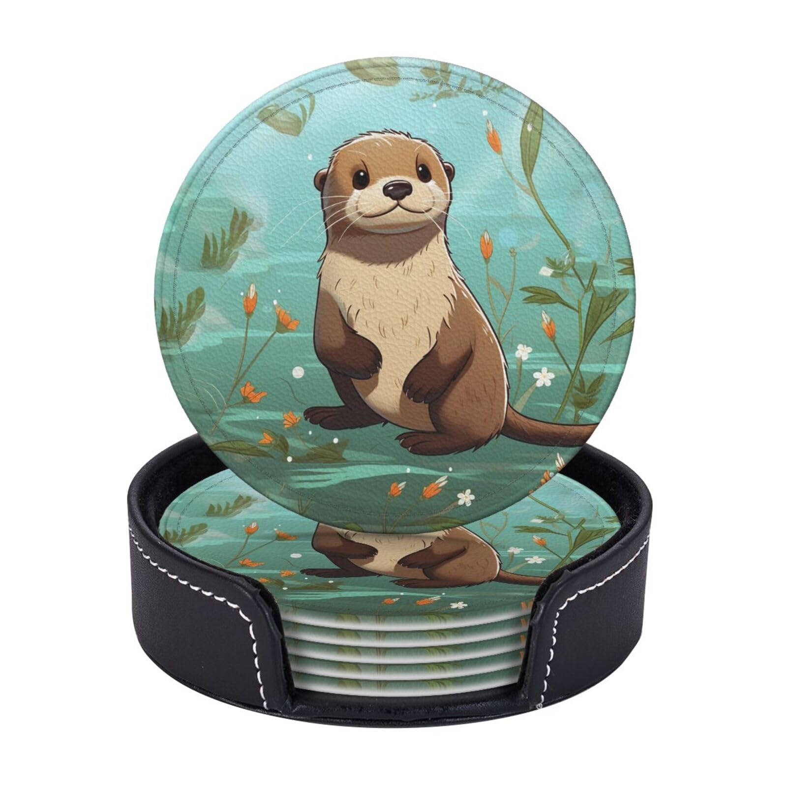 6Pcs PU Leather Coaster for Drinks, Cartoon Cute Otter Cup Coasters with Holder, Aesthetic Drink Coasters for Coffee Table, Round Coaster for Tabletop Protection 4" Cup Mat Pad