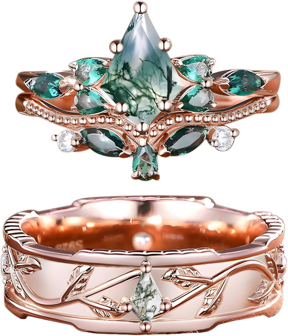 His and Her Natural Moss Agate Wedding Rings Sets, 925 Sterling Silver 10K 14K 18K Gold Couple Engagement Rings Set, Customized Green Anniversary Promise Bands for Man and Women Free Engraving