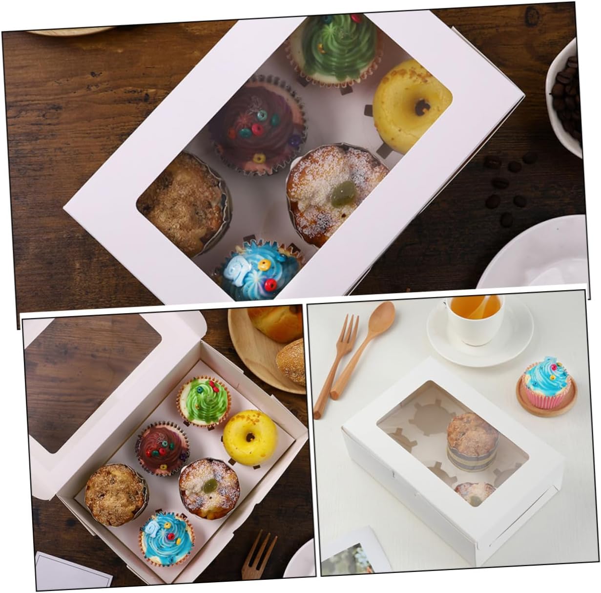 SHINEOFI 15pcs Paper Cupcake Boxes with Window, 6-cupcake Holder White Cardboard Muffin Carrier for Birthday Party Baking, Food-grade Packaging Containers