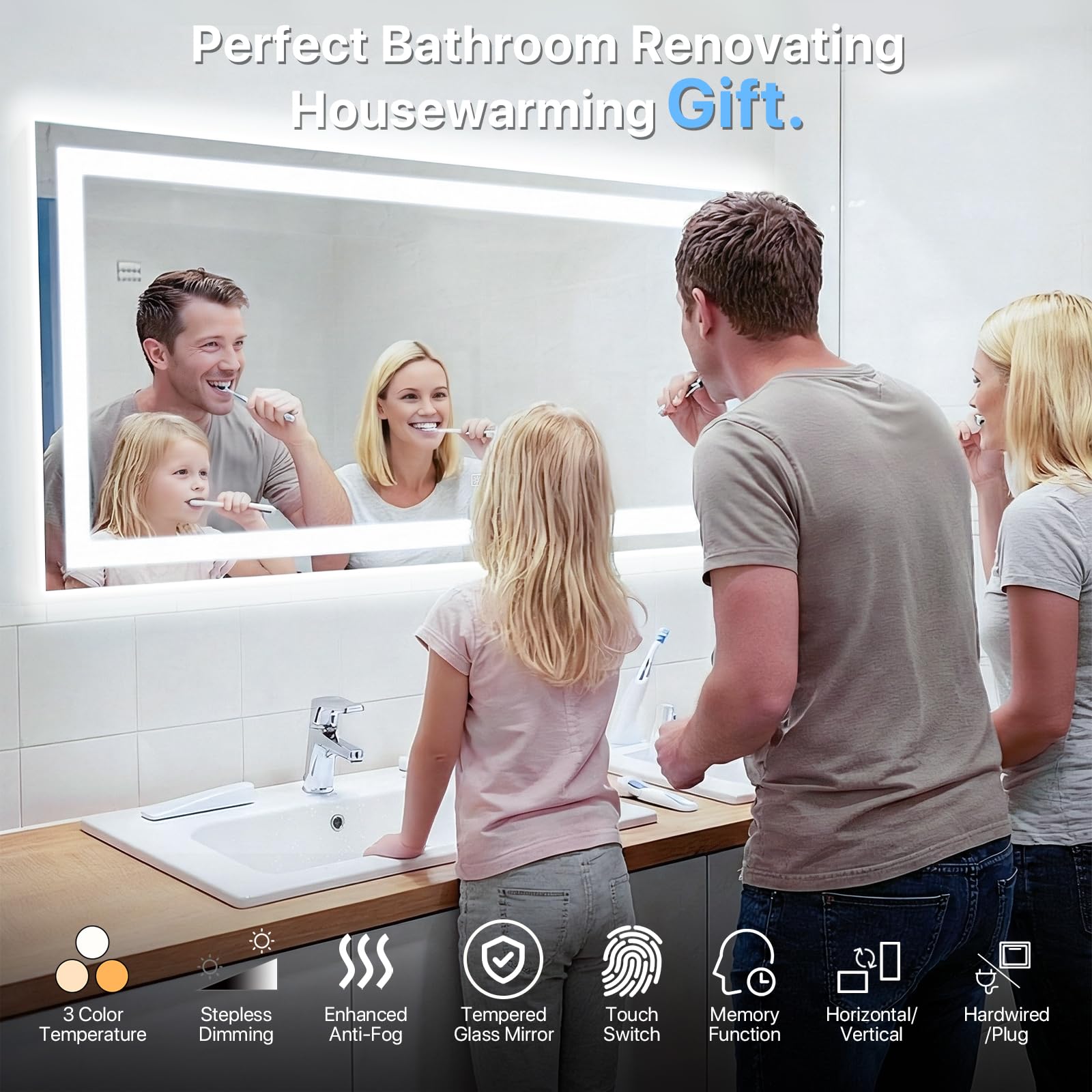 HYPERLITE Specchio da bagno a LED 24 x 32: specchio da bagno a LED anti-sbavatura con vetro temperato HD, specchi illuminati dimmerabili per nuova decorazione della casa quotidiana toelettatura