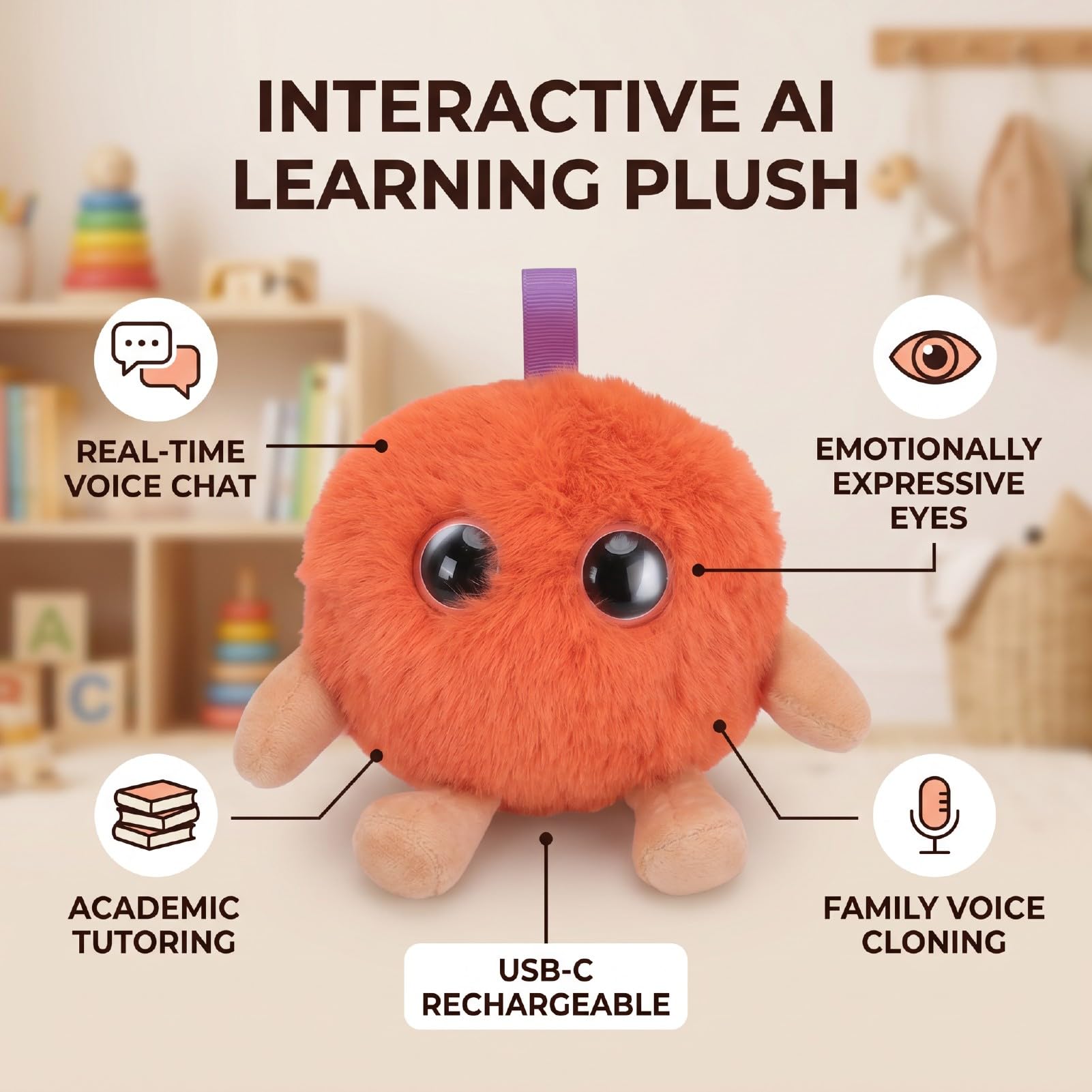 Sxhlseller KI intelligentes Kuscheltier Plüschtier mit Emotionalen Augen, Interaktiver Lernbegleiter, Sprachroboter, Geschichtenerzählen, Nachhilfe, KI Haustier über Große Entfernungen (ORANGE)