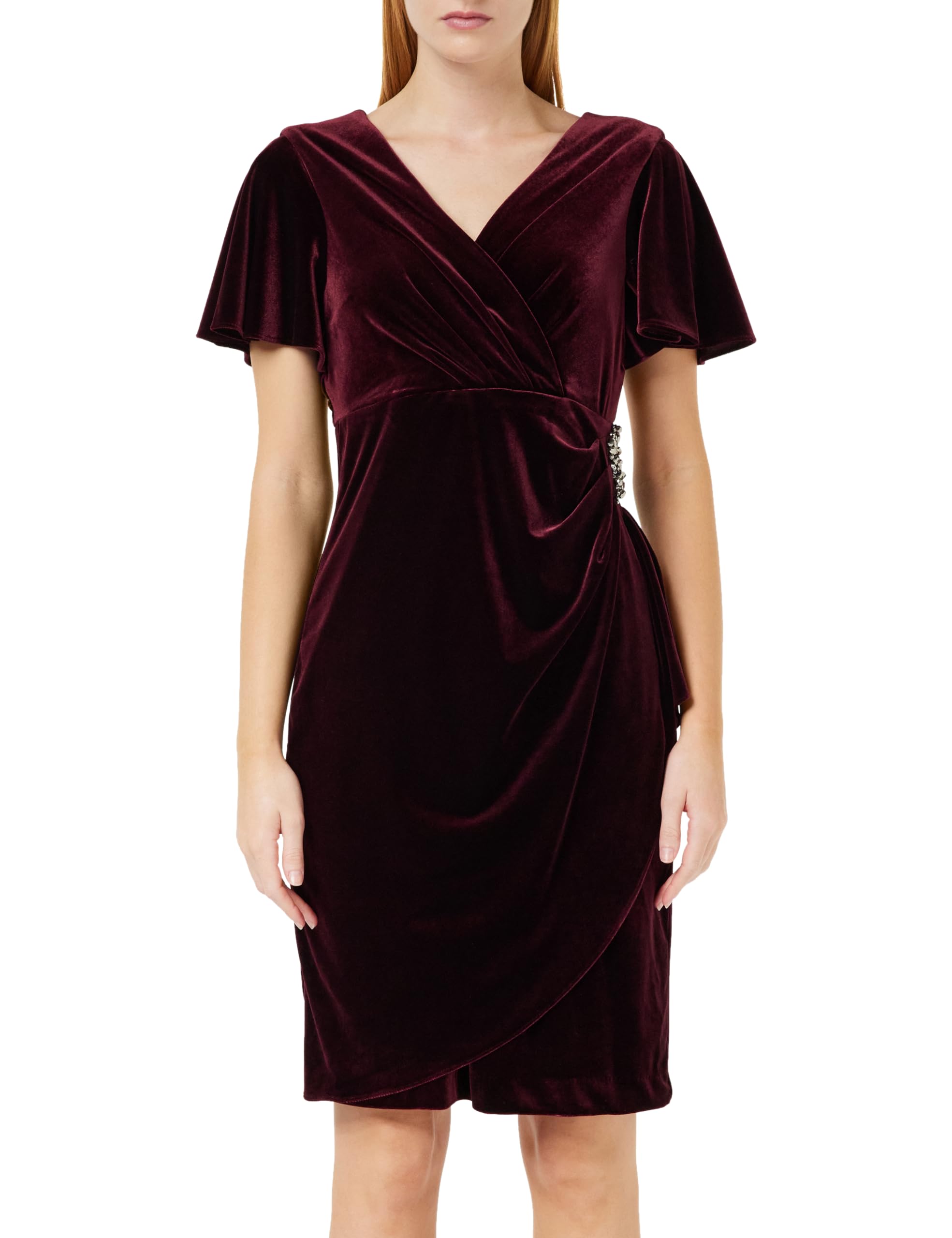 Gina Bacconi Velvet Dress with Embellishment Detail, Wine, 20