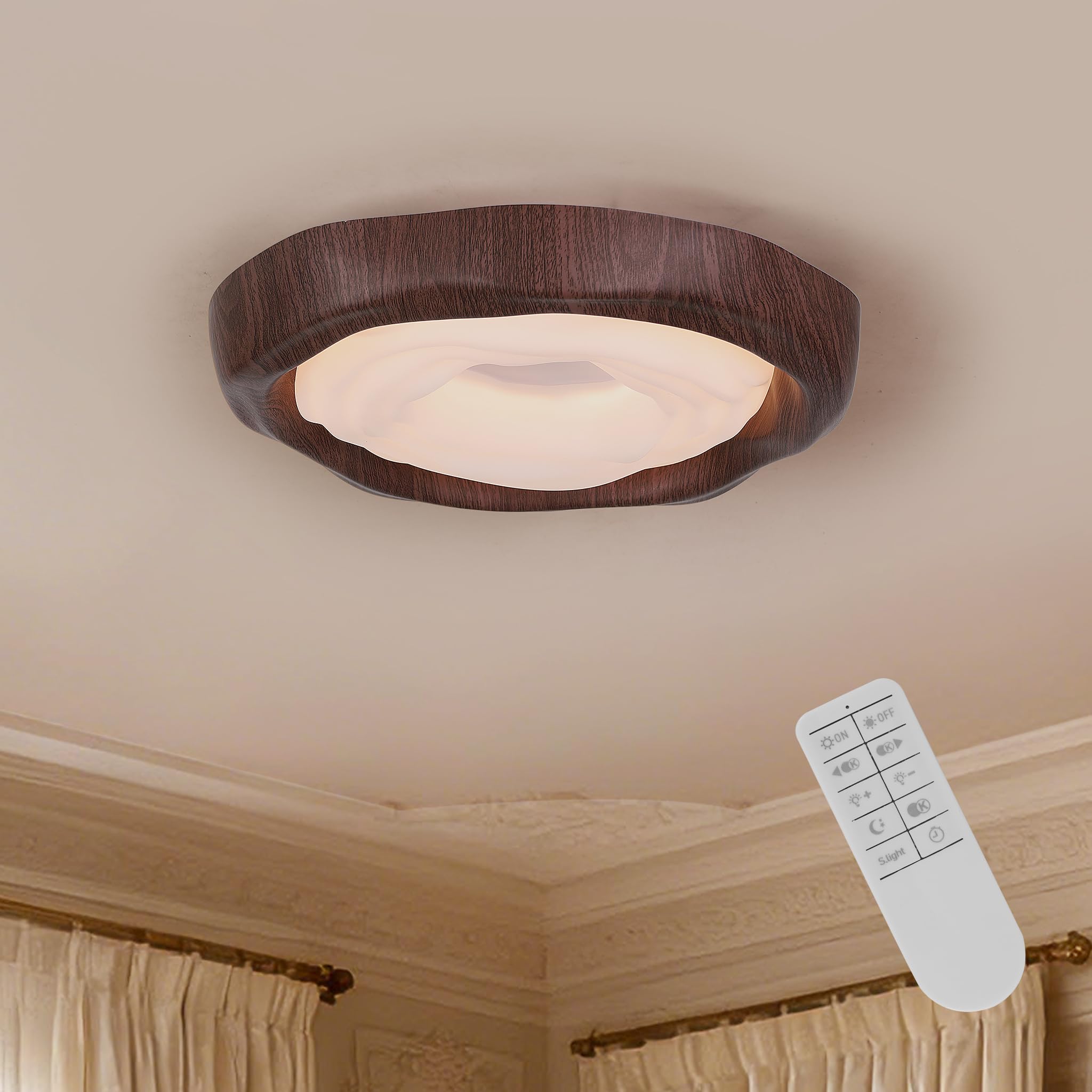 Plafon Led Techo Moderna,Plafones para Techo Led con ImpresióN de Vetas de Madera Redondas,Lamparas de Techo Salon de Dimmble con Mando a Distancia,⌀42Cm Comedor Plafon Lampara,48W,Nuez.