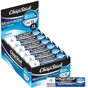 ChapStick Moisturizer 2-in-1 Lipcare SPF 15 Original 12-Pack 8-Hour Sunscreen Lip Balm with Aloe Vera and Vitamin E