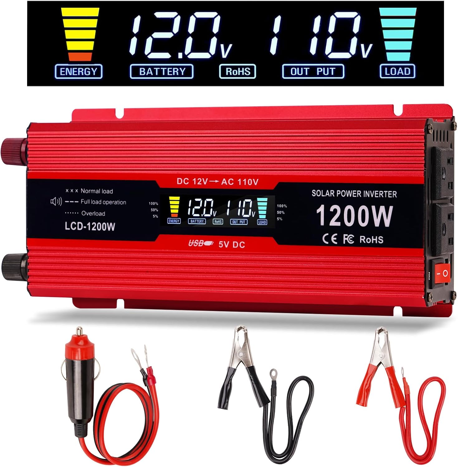 nomal Car Power Inverter 1200W , DC 12v to 110v AC Converter with LCD Display and AC Outlets 12 Volt Inverter for Truck RV Car