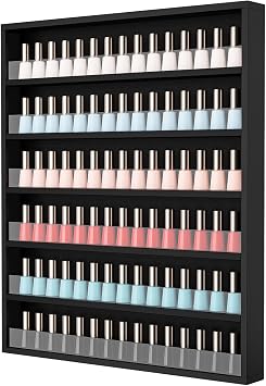 OmySalon Nail Polish Organizer Wall Mount - Holds 120+ Bottles with Acrylic Barrier, Salon Display Rack for Home Spa & Nail Studio - Assembly Required, Wooden Polish Storage Black, 6-Tier