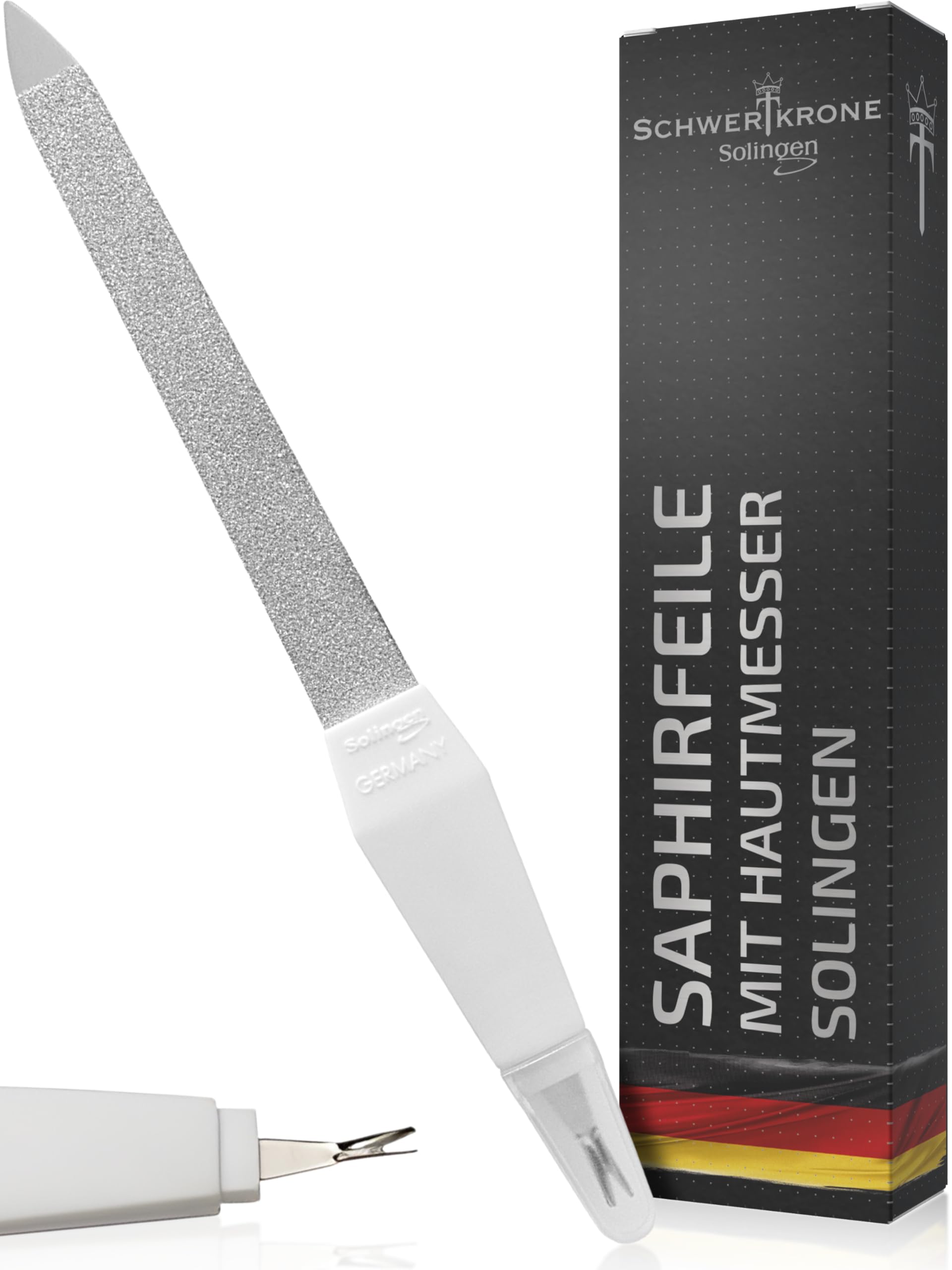 SCHWERTKRONE ® Lima per unghie in zaffiro [Made in Solingen – Germania] con coltello per cuticole a V – Cut & File, tagliacapelli, 16 cm