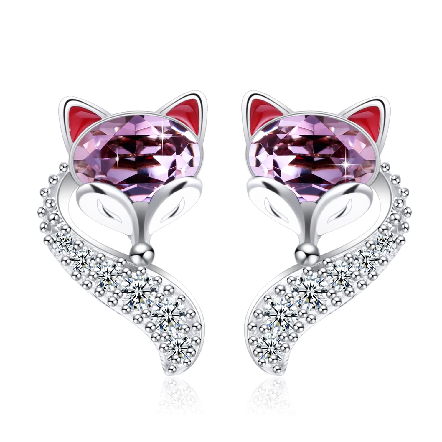PLATO H Crystal Fox Animal Stud Earrings for Women, Sterling Silver Post, High Polish Fox Tail Anniversary Jewelry Gift for Her Christmas Anniversary