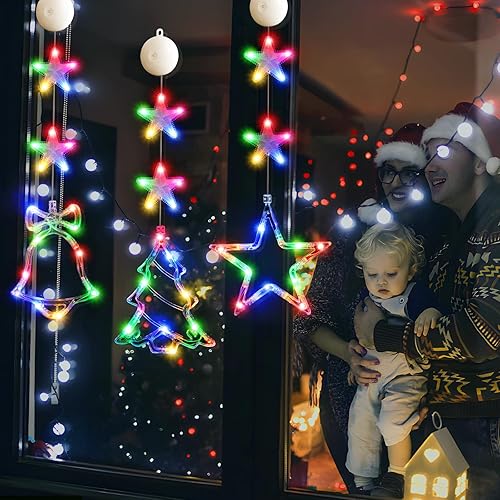 Miniatura 8 de 3 luces de Navidad para ventana con temporizador, funciona con pilas, cadena multicolor iluminada para árbol de árbol, ventosa LED en forma de