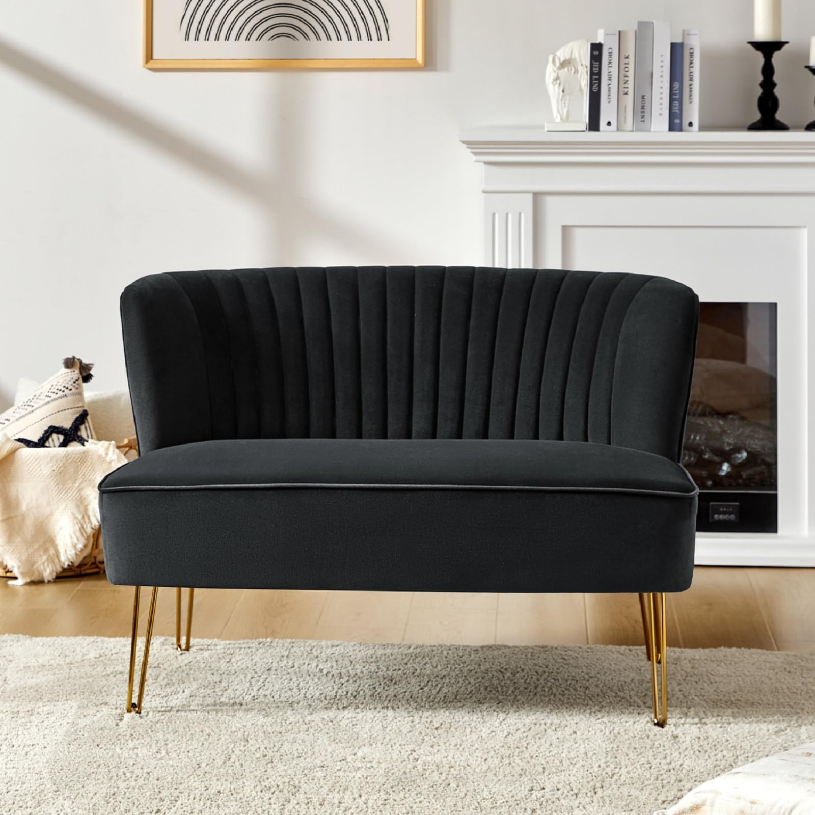 HULALA HOME 2 Seater Sofa, Velvet Upholstered Loveseat, Modern Couch with Golden Metal Legs for Living Room Apartment Small Spaces, BLACK — image 1