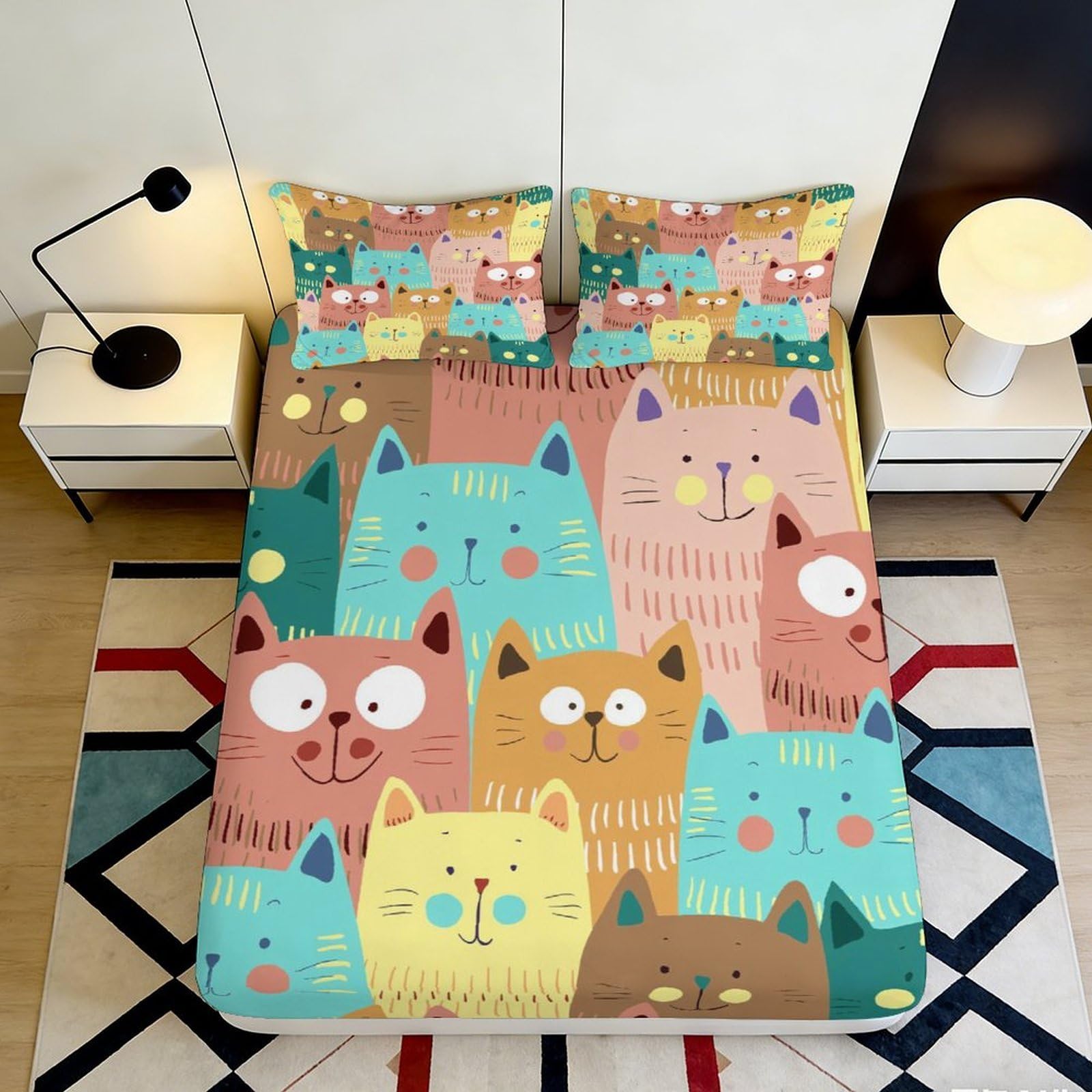 Dhbaneiok Style-1 3D Printed Cartoon Cat Fitted Sheet Microfiber Colourful Animal Bed Sheet Anti-Slip For Bedroom Dorm Decor 90X200x25cm