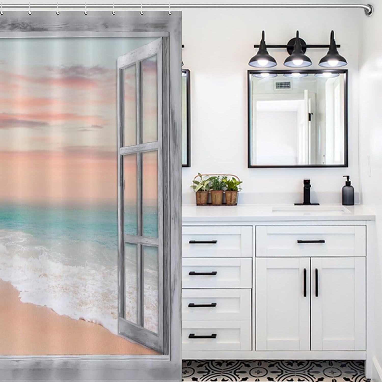 Ocean Beach Window Shower Curtain for Bathroom Decor Hawaiian Sunset Scenery Sea Wave Retro Wood Rustic Nature Art Printed Polyester Waterproof Cloth Bathroom Curtain with 12 Hooks 60x72Inch（152x183cm