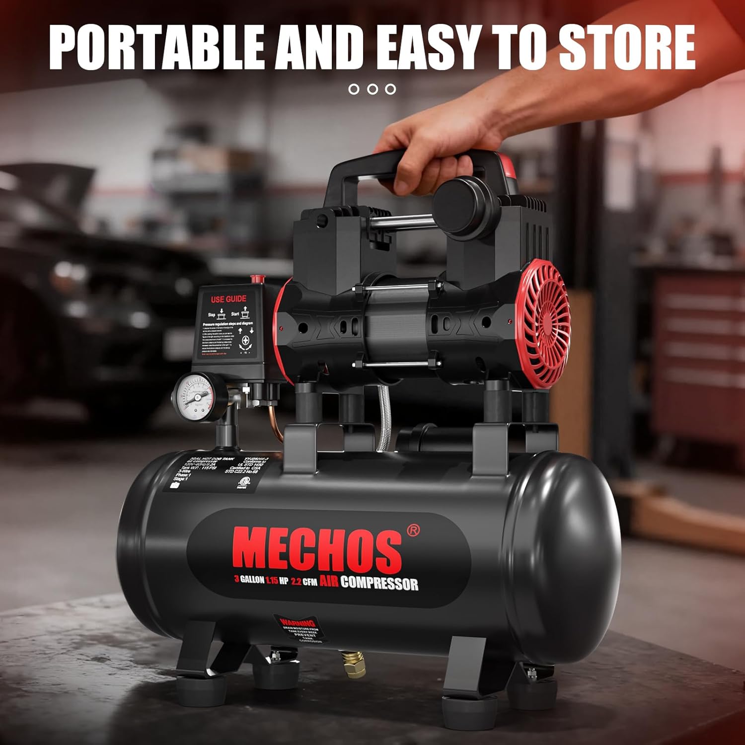 Portable Air Compressor with 3 Gallon Steel Tank, 1.15 HP 2.2 CFM @ 90 PSI, 116 Max PSI Oil-Free Air Compressor for Garage, Home Use, Tire Inflation, Nail Gun, DIY Projects,110V