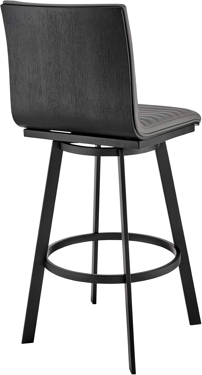 Armen Living Jermaine 26" Gray Faux Leather and Matte Black Finish Swivel Bar Stool with Black Wood Back