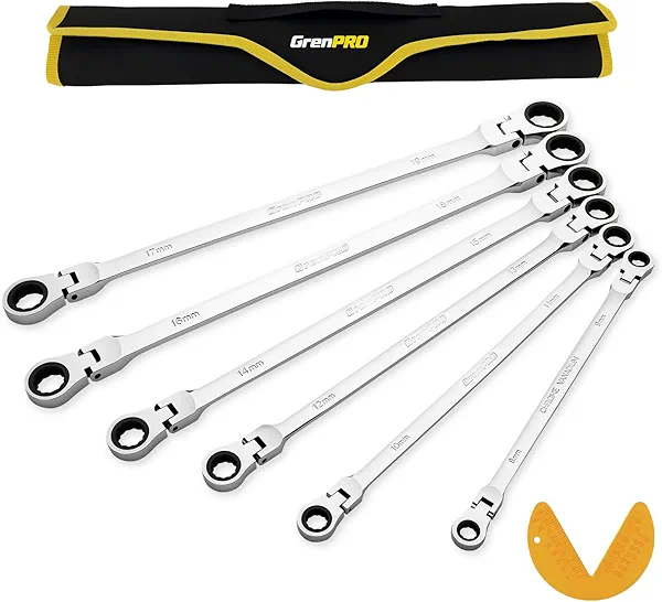 GRENPRO Extra Long Flex-Head Ratcheting Wrench Set Metric and Standard, Large Double Box End Wrench Set 72 Tooth 7PC 8-19MM Organizer with Roll Up Pouch with Gauge, Big Ratchet Wrenches Kit Tool Sets