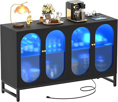 Aheaplus Aparador de buffet con toma de corriente, armario de almacenamiento de aparador de cocina con luz LED, 4 puertas, gabinete de acento