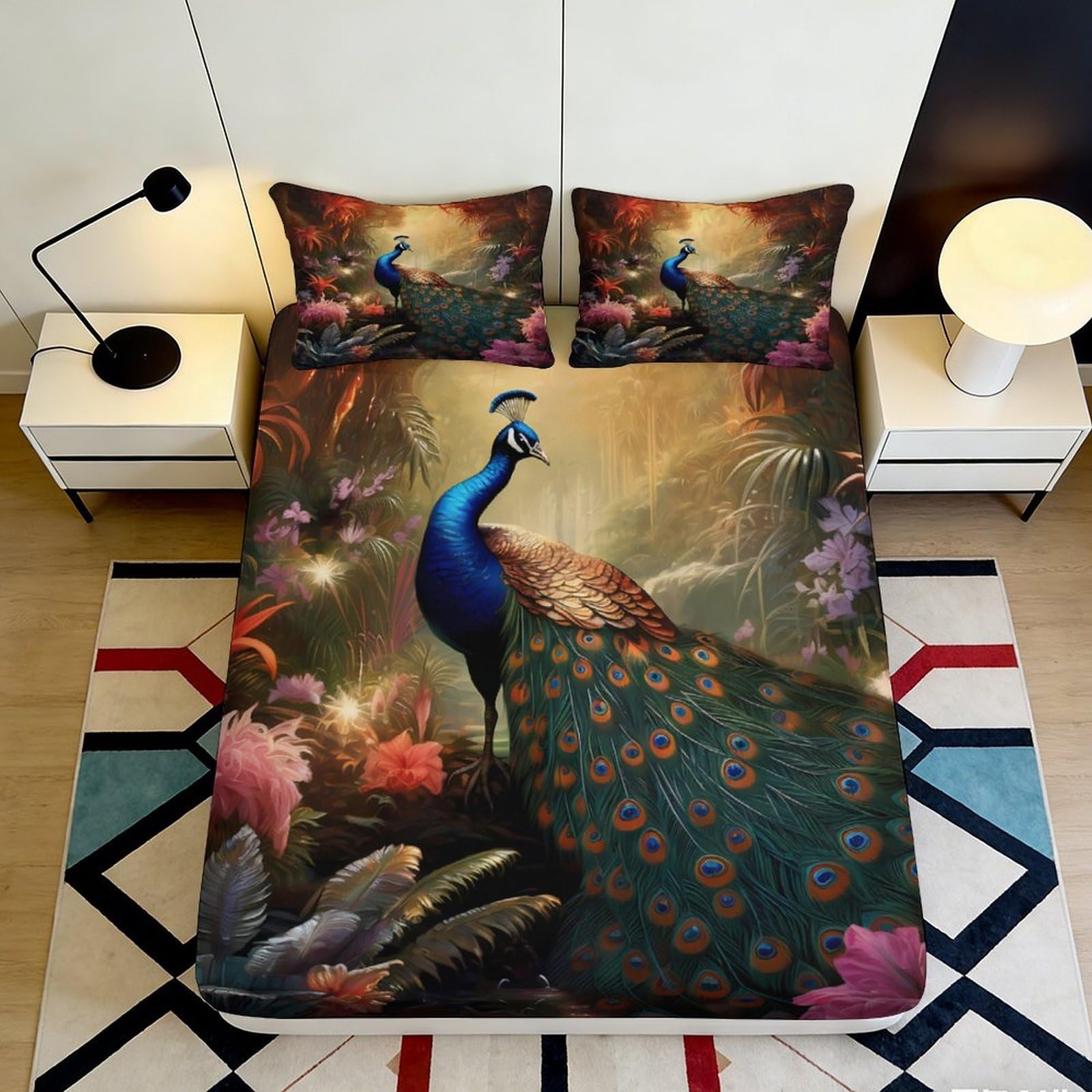 3D Printed Peacock Jungle Fitted Sheet Microfiber Slip-Resistant Artistic Forest Mattress Cover for Bedroom Guest Room Decor 90x200x25cm