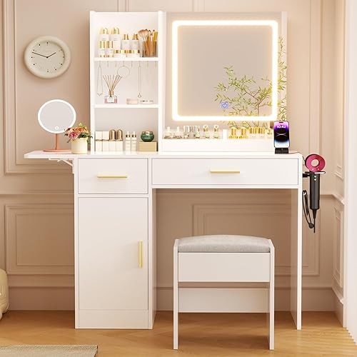 Vanity Desk with Mirror and Lights & Extral Foldable Desk, 35.43" & 43.3" Makeup Vanity Table with Stool and Plug Outlet, 5 Drawers and Open Shelves Dressing Table for Bedroom, White and Gold